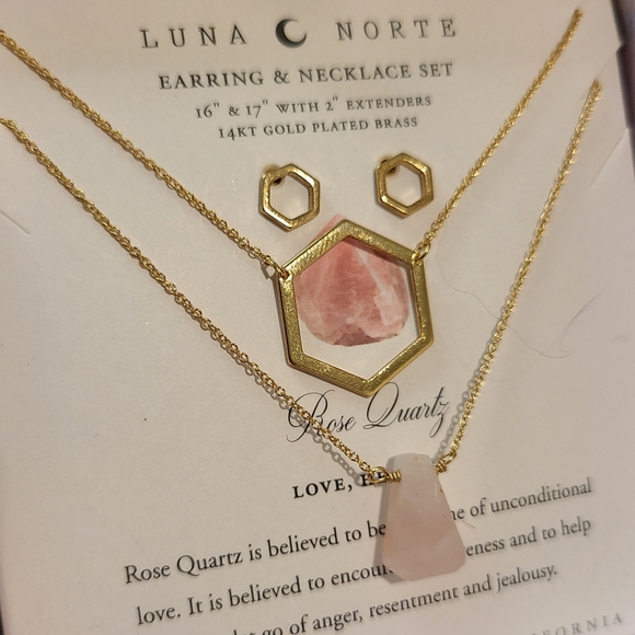 3 PC LUNA NORTE 14K GP HEXAGON EARRINGS & NECKLACES ROSE QUARTZ STONE GEMSTONES - Picture 3 of 3
